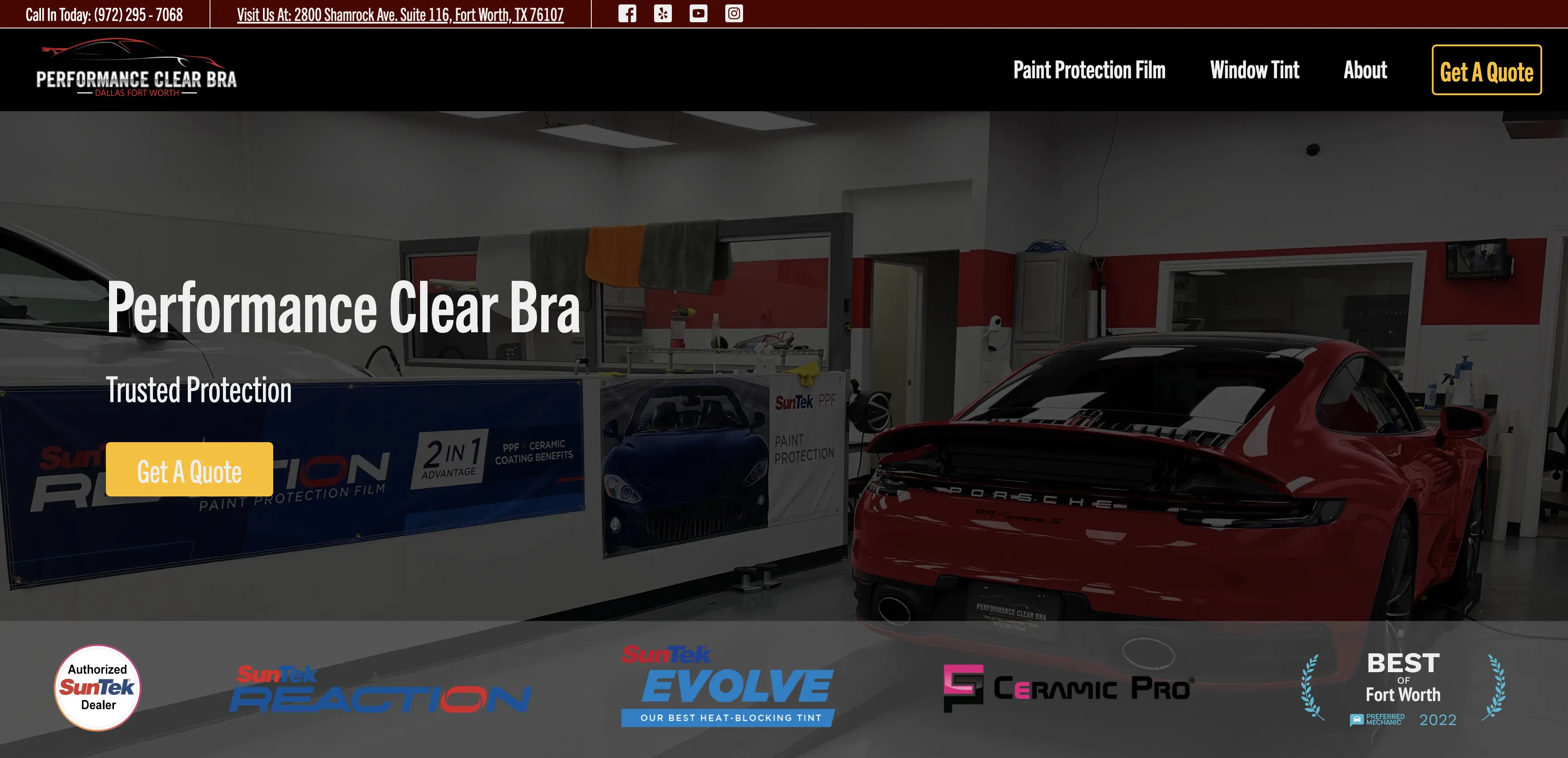 A picture of the homepage herobox of Performance Clear Bra's website.